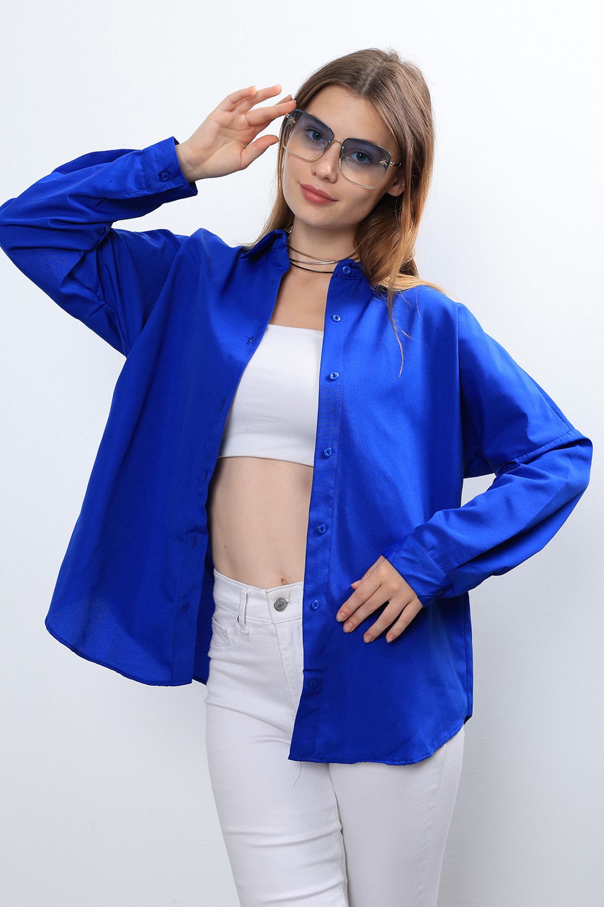 Ylz Oversize Kadın Saks Mavisi Gömlek - Oversize Uzun Basic Gömlek Ylz Oversize Kadın Saks Mavisi Gömlek - Oversize Uzun Basic Gömlek