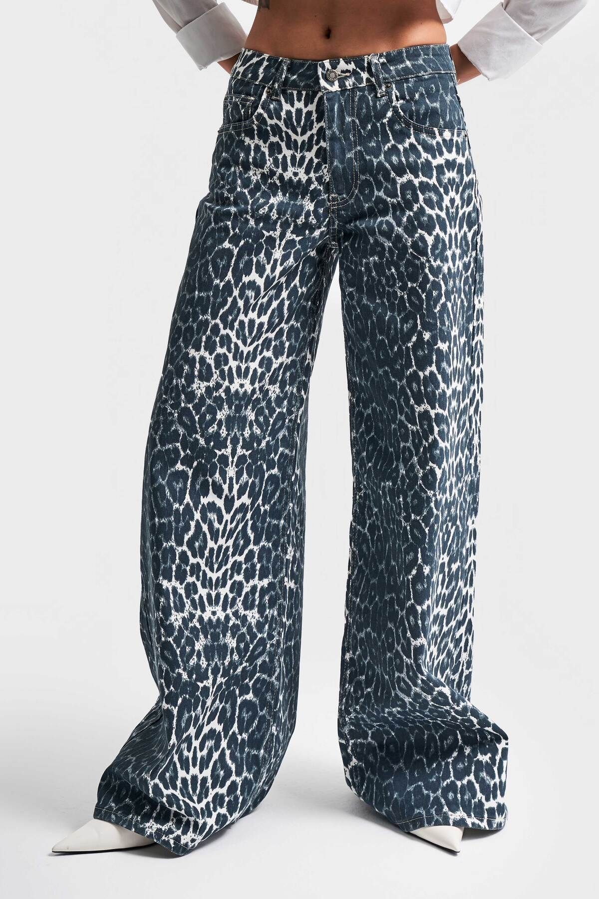 Kadın Silver Leopar Renk Palazzo Fit Denim Pantolon Kadın Silver Leopar Renk Palazzo Fit Denim Pantolon