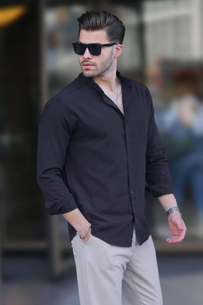 Siyah Hakim Yaka Keten Görünümlü Pamuklu Uzun Kollu Erkek Gömlek 6745 Siyah Hakim Yaka Keten Görünümlü Pamuklu Uzun Kollu Erkek Gömlek 6745