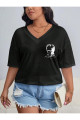 Kadın Siyah''Mustafa Kemal ATATÜRK Baskılı'' V Yaka Oversize T-Shirt strup0000000000019