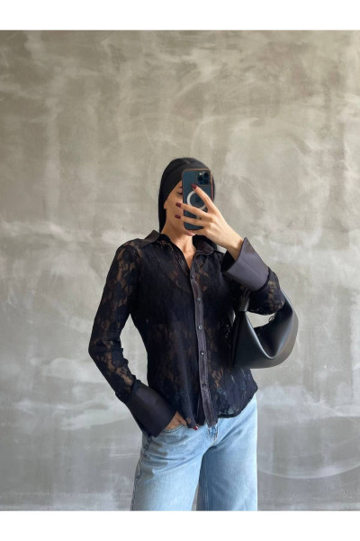 Kadın Transparan Dantelli Kalın Manşet Klasik Gömlek