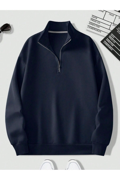 Unisex Dik Yakalı Yarım Fermuarlı Oversize Sweatshirt