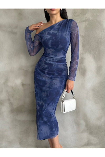 Tek Omuz Desenli Maxi Boy Tül Elbise