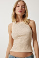 Taş Işlemeli Crop Triko Bluz Krem Lnj0006 Taş Işlemeli Crop Triko Bluz Krem Lnj0006