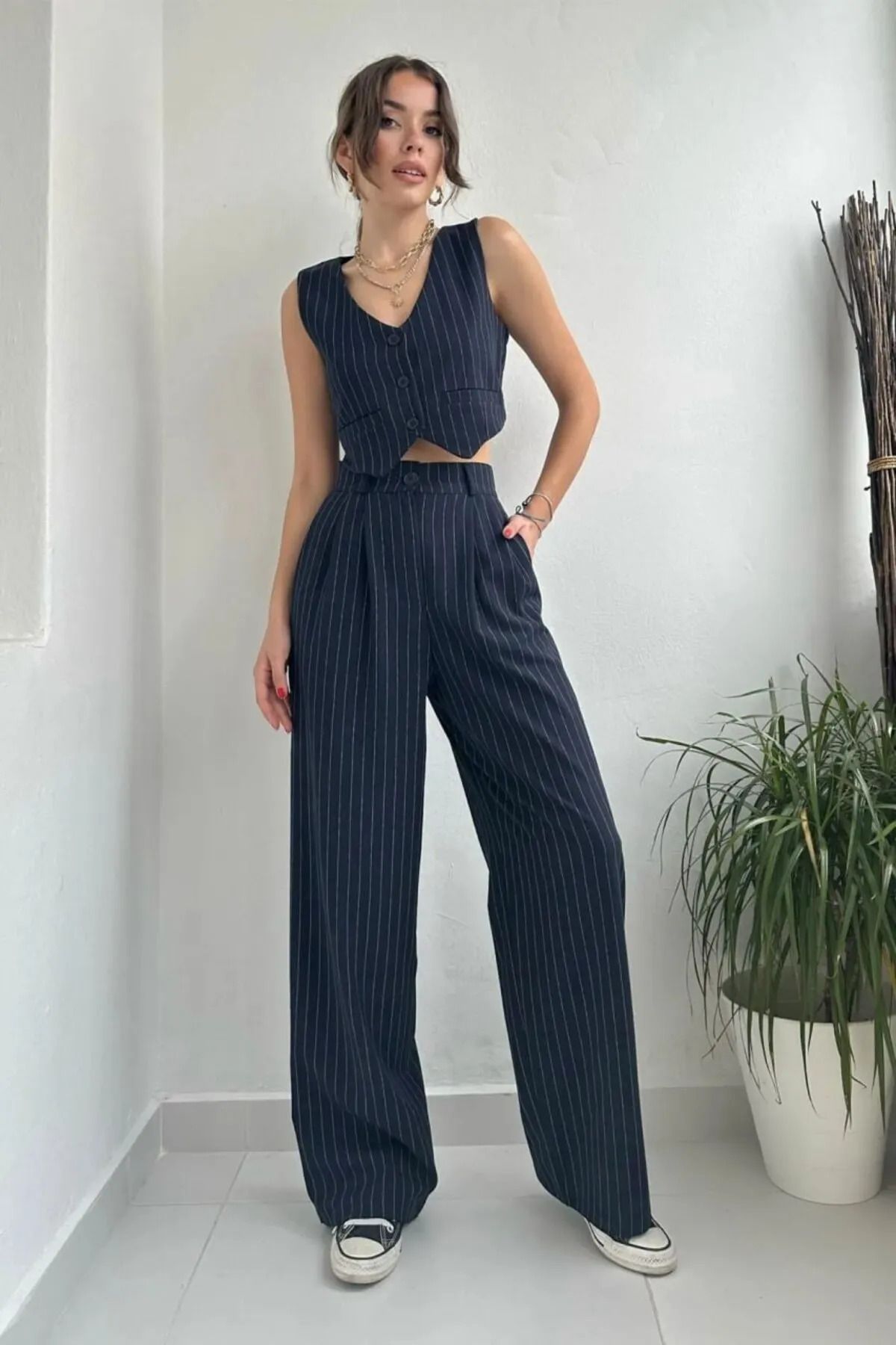 Trend Lacivert Çizgili Kadın Likralı Palazzo Model Kumaş Pantolon