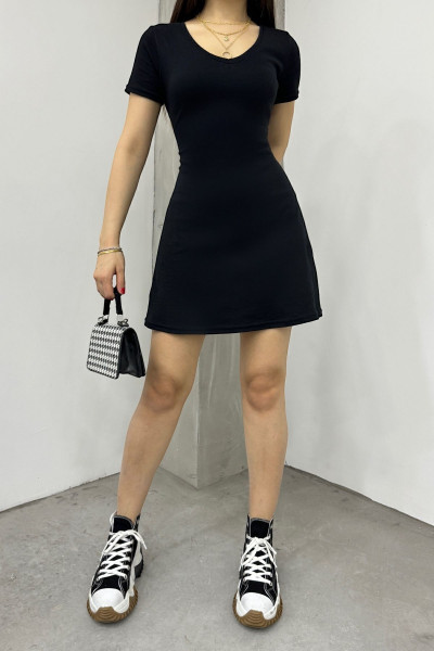 Kadın Yazlık Regular Fit Mini Basic V Yaka Kısa Kollu Pamuk Elbise Siyah Kadın Yazlık Regular Fit Mini Basic V Yaka Kısa Kollu Pamuk Elbise Siyah