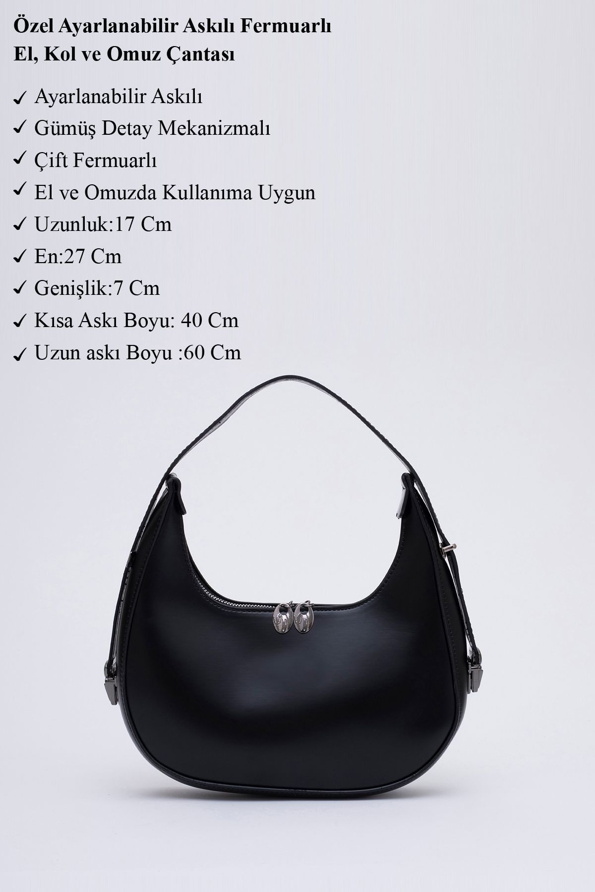 Siyah Shk110 Özel Ayarlanabilir Askılı Fermuarlı El, Kol ve Omuz Çantası U:17 E:27 G:7 cm