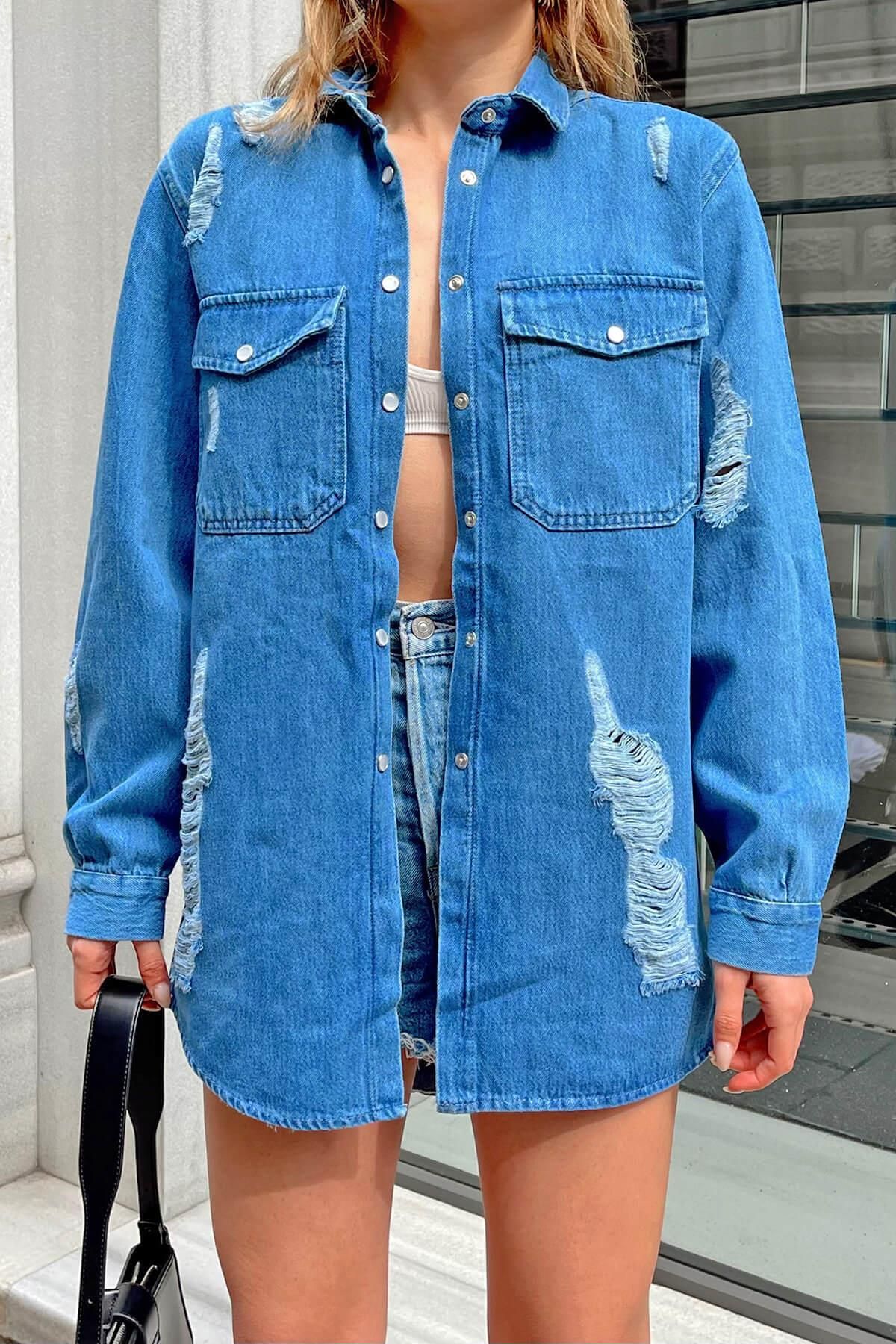 Mavi Çift Cep Yırtık Detay Kadın Denim Ceket Mavi Çift Cep Yırtık Detay Kadın Denim Ceket
