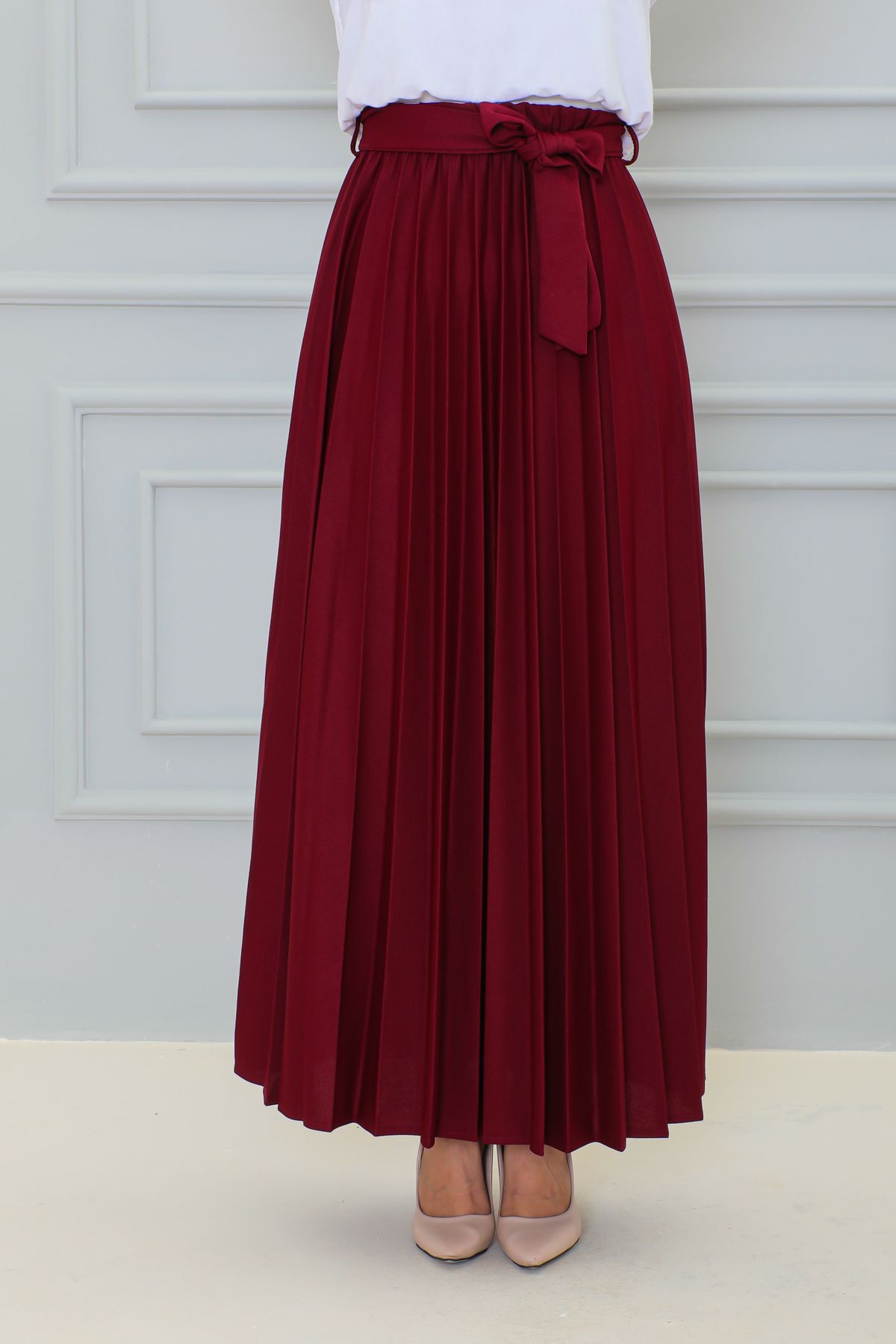 Kuşaklı Pileli Uzun Etek-3033 Bordo Kuşaklı Pileli Uzun Etek-3033 Bordo