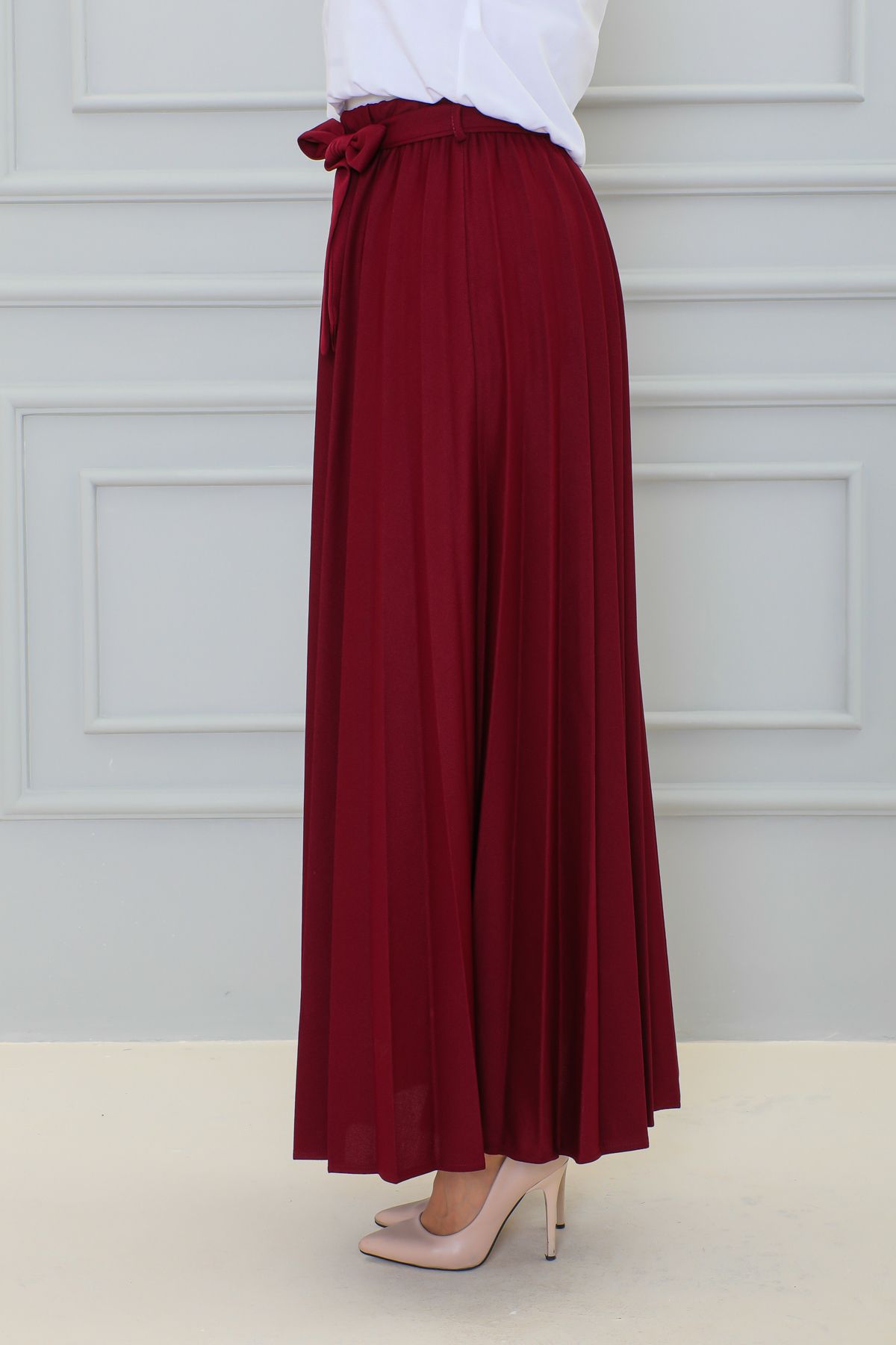 Kuşaklı Pileli Uzun Etek-3033 Bordo Kuşaklı Pileli Uzun Etek-3033 Bordo