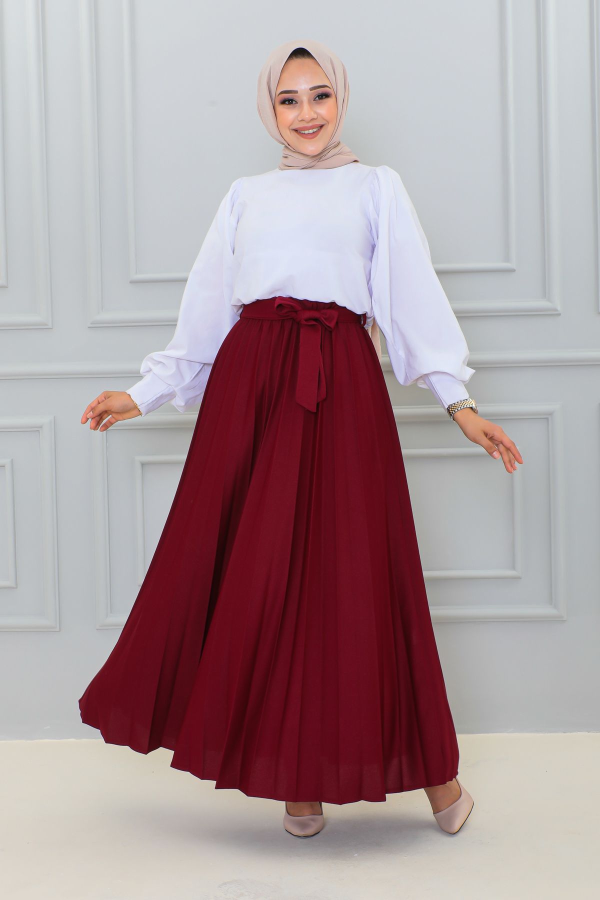 Kuşaklı Pileli Uzun Etek-3033 Bordo Kuşaklı Pileli Uzun Etek-3033 Bordo
