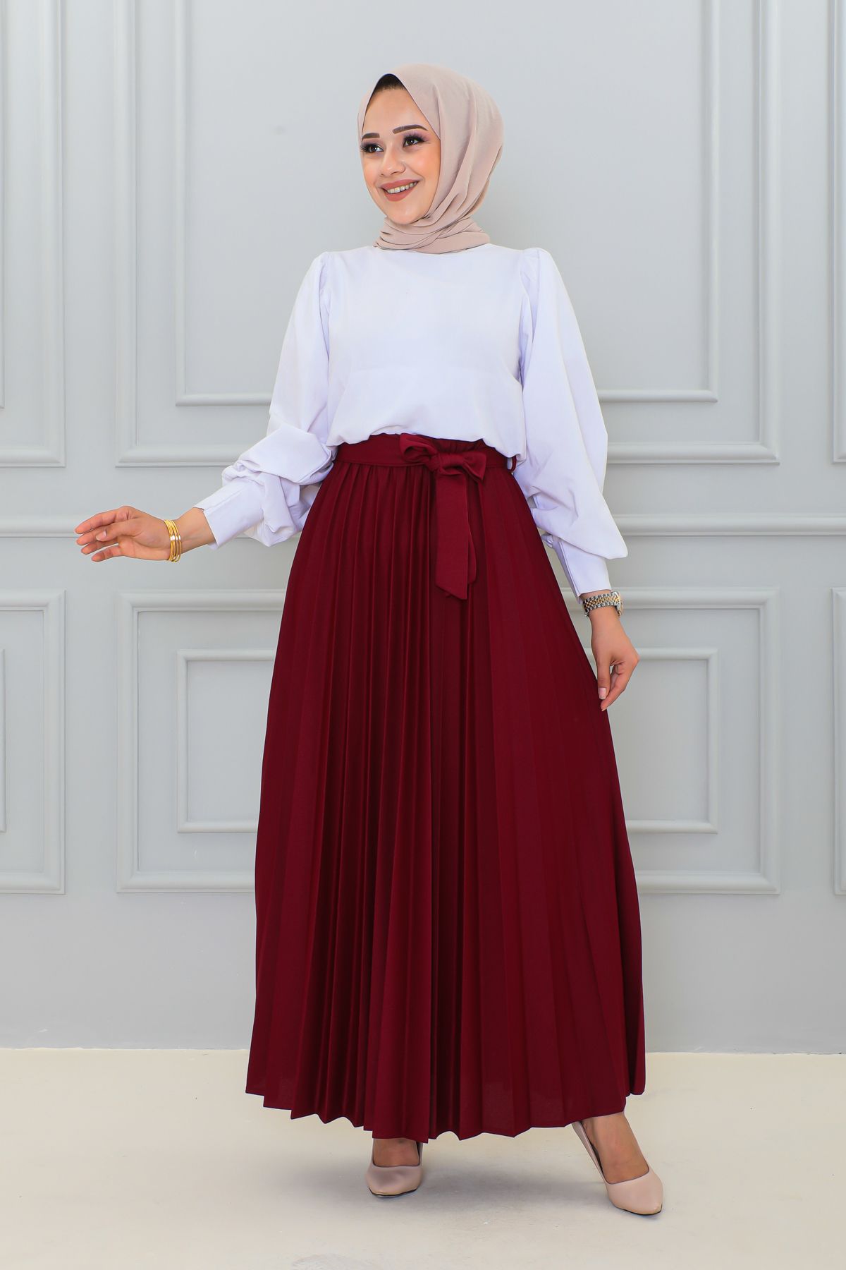 Kuşaklı Pileli Uzun Etek-3033 Bordo Kuşaklı Pileli Uzun Etek-3033 Bordo
