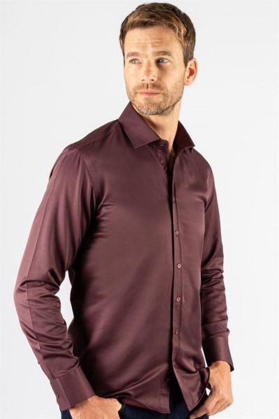 Modern Slim Fit Uzun Kollu Düz Saten Pamuklu Erkek Bordo Gömlek Modern Slim Fit Uzun Kollu Düz Saten Pamuklu Erkek Bordo Gömlek
