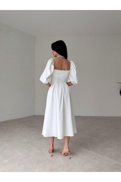 Kare Yaka Balon Kollu Pileli Midi Boy Elbise Kare Yaka Balon Kollu Pileli Midi Boy Elbise