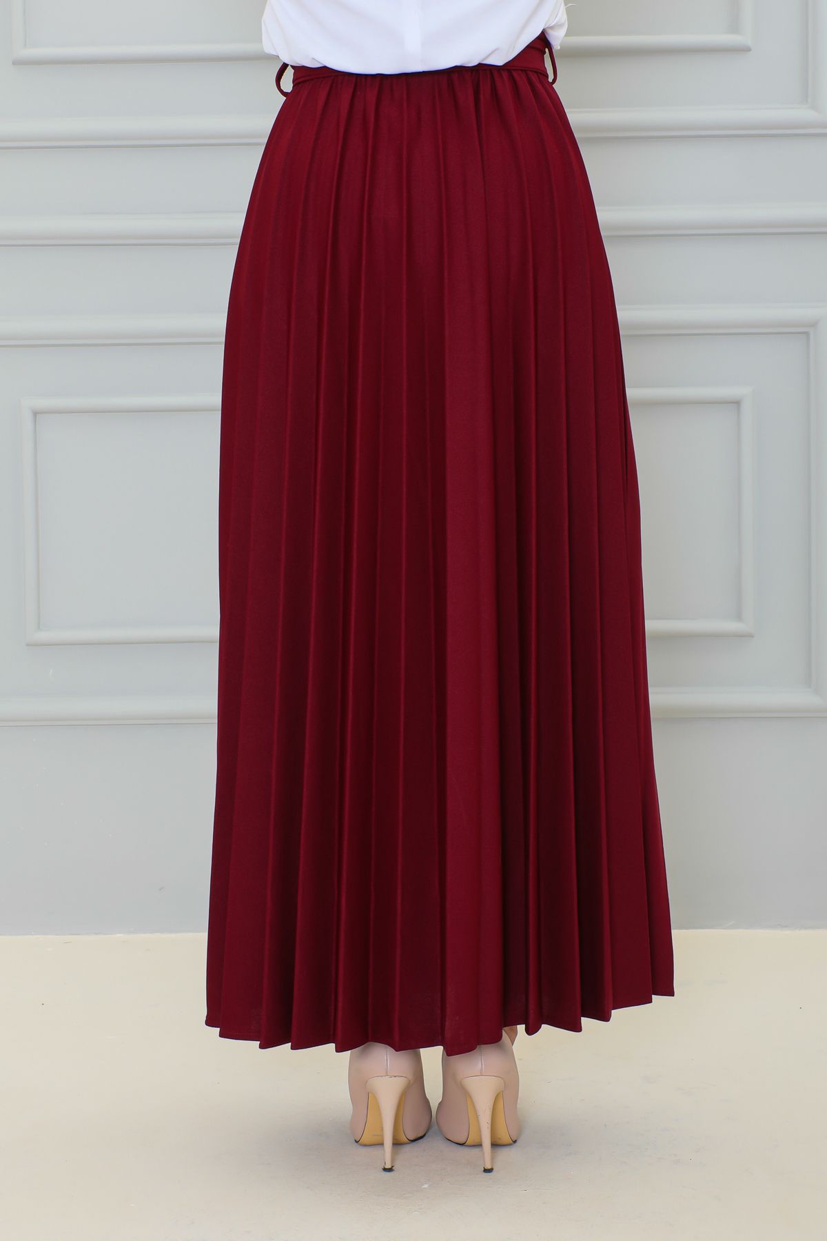 Kuşaklı Pileli Uzun Etek-3033 Bordo Kuşaklı Pileli Uzun Etek-3033 Bordo