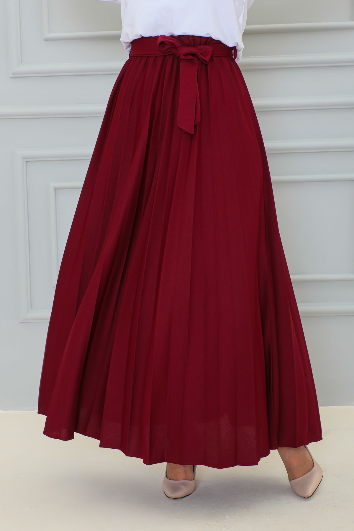 Kuşaklı Pileli Uzun Etek-3033 Bordo Kuşaklı Pileli Uzun Etek-3033 Bordo