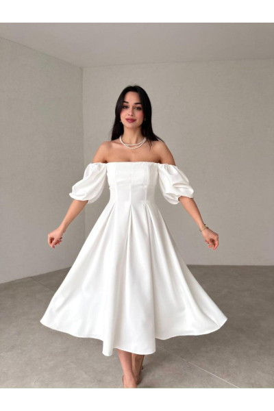 Kare Yaka Balon Kollu Pileli Midi Boy Elbise