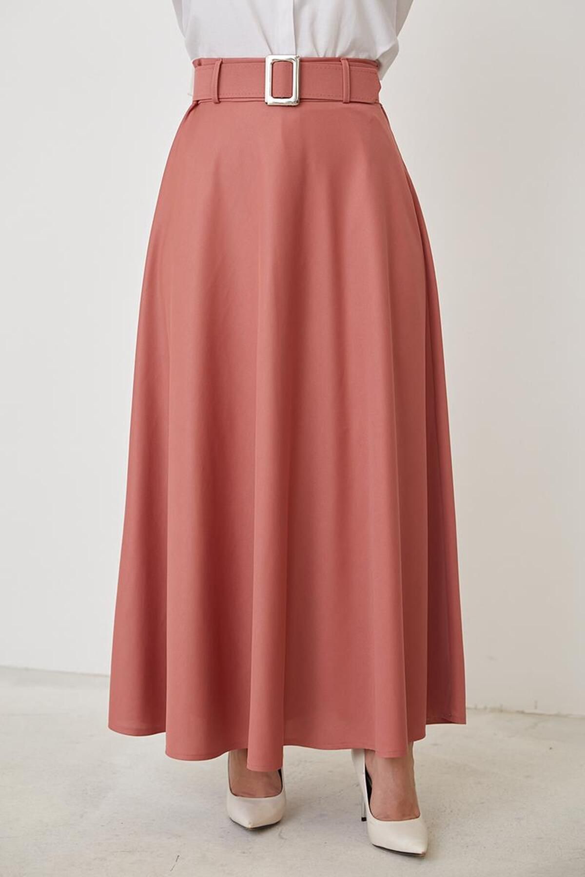 Kemerli Kloş Etek-3078 Gülkurusu Kemerli Kloş Etek-3078 Gülkurusu