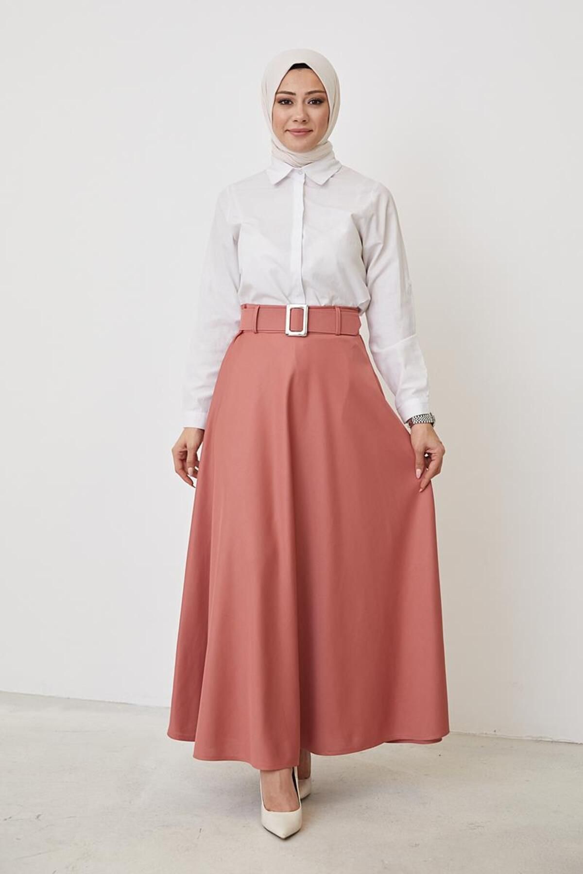 Kemerli Kloş Etek-3078 Gülkurusu Kemerli Kloş Etek-3078 Gülkurusu