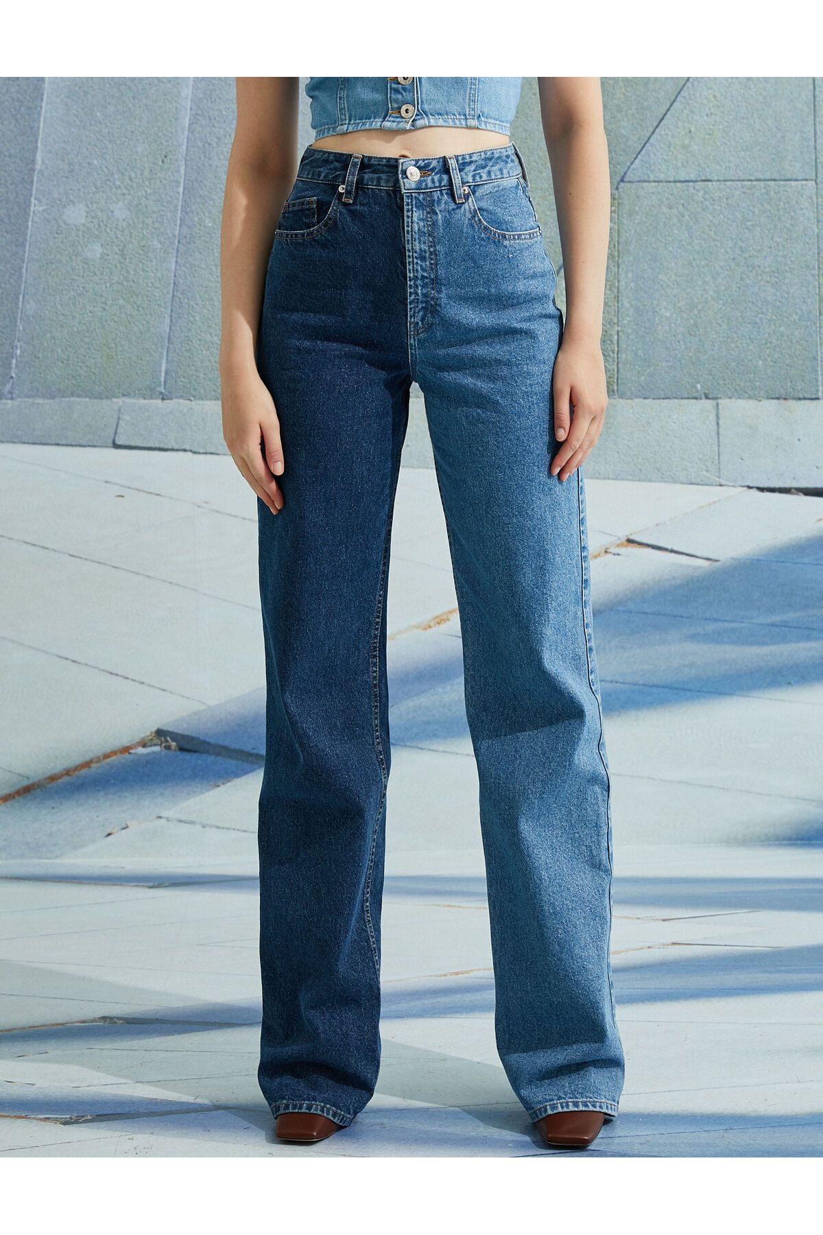 Yüksek Bel Bol Paça Renk Bloklu Kot Pantolon - Longer Jean Yüksek Bel Bol Paça Renk Bloklu Kot Pantolon - Longer Jean