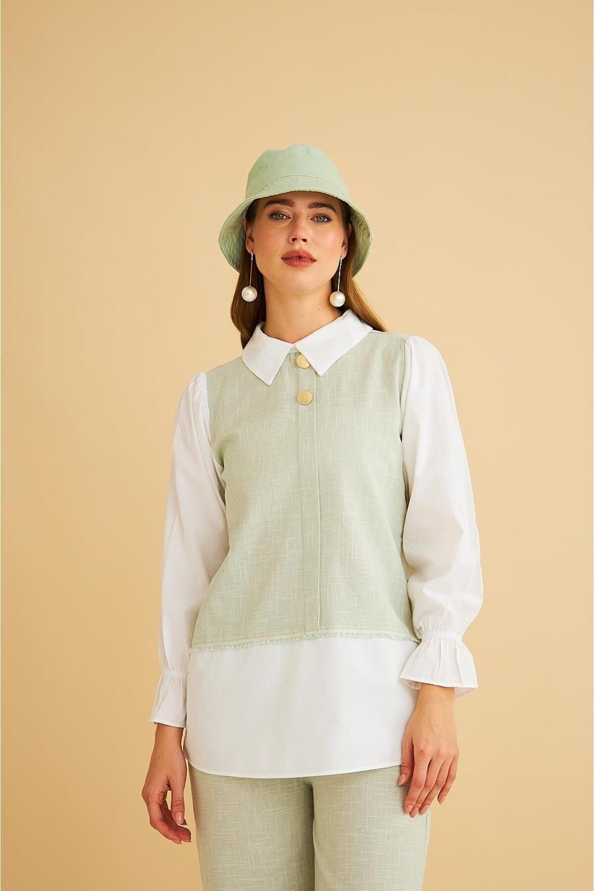 Lambade Düğme Detaylı Bol Paça Keten Mint Tunik Pantolon Takım Lambade Düğme Detaylı Bol Paça Keten Mint Tunik Pantolon Takım