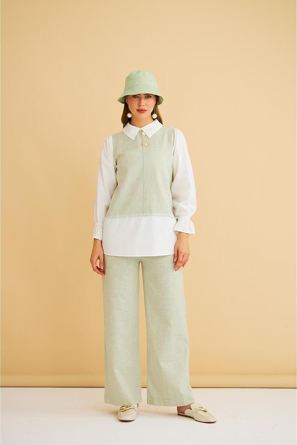 Lambade Düğme Detaylı Bol Paça Keten Mint Tunik Pantolon Takım Lambade Düğme Detaylı Bol Paça Keten Mint Tunik Pantolon Takım