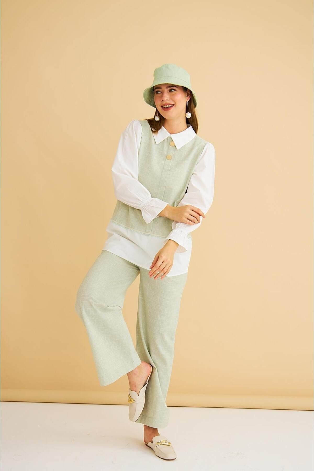 Lambade Düğme Detaylı Bol Paça Keten Mint Tunik Pantolon Takım Lambade Düğme Detaylı Bol Paça Keten Mint Tunik Pantolon Takım