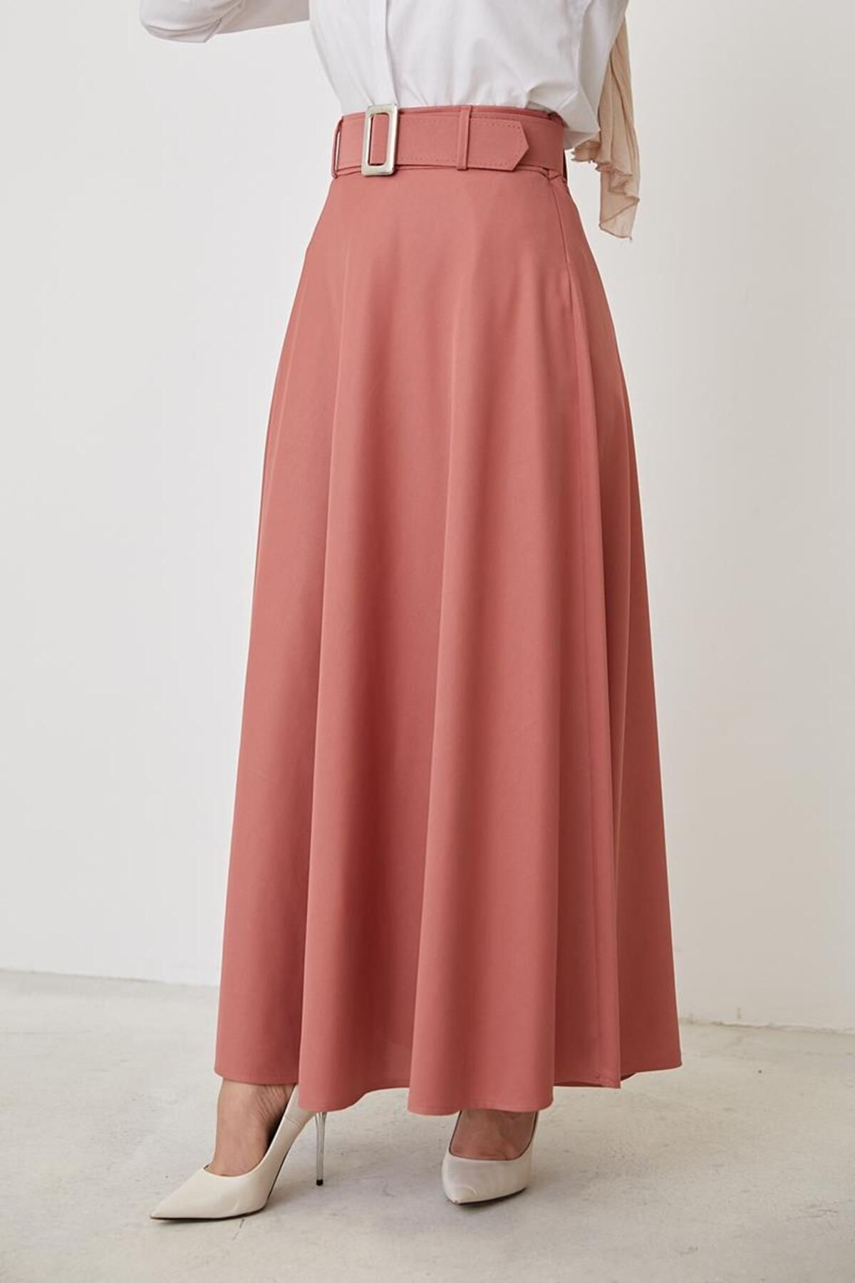 Kemerli Kloş Etek-3078 Gülkurusu Kemerli Kloş Etek-3078 Gülkurusu