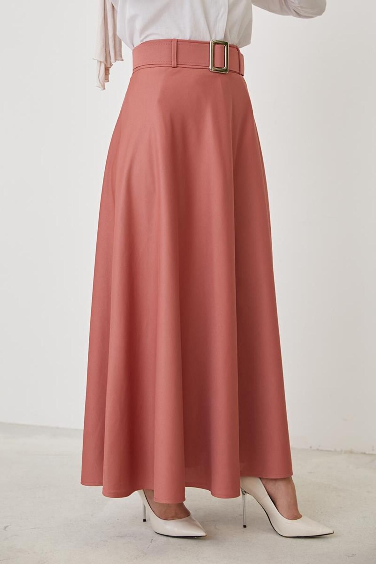 Kemerli Kloş Etek-3078 Gülkurusu Kemerli Kloş Etek-3078 Gülkurusu