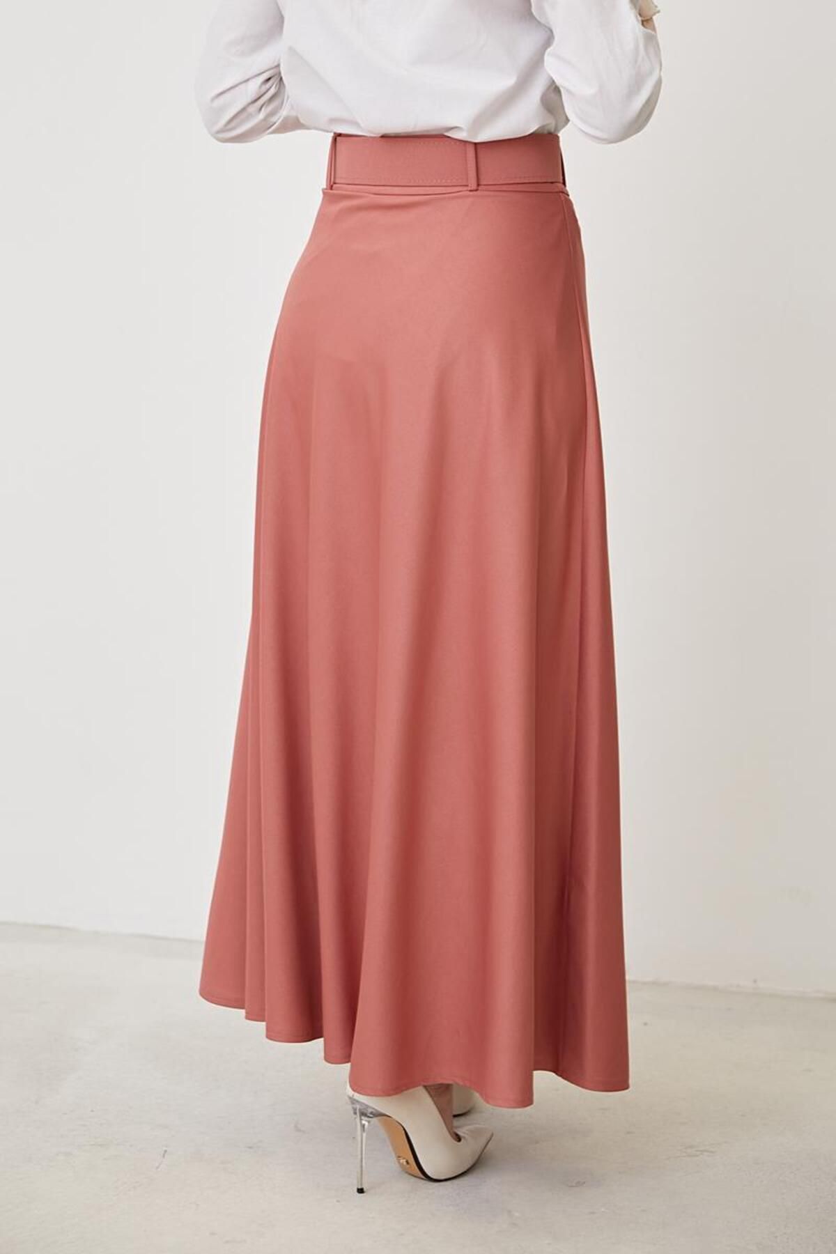 Kemerli Kloş Etek-3078 Gülkurusu Kemerli Kloş Etek-3078 Gülkurusu