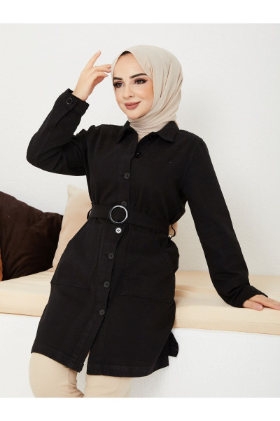 Kemerli Tokalı Ceket- Siyah