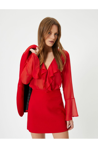 Şifon Gömlek Fırfırlı Bağlamalı Uzun Kollu V Yaka Şifon Gömlek Fırfırlı Bağlamalı Uzun Kollu V Yaka