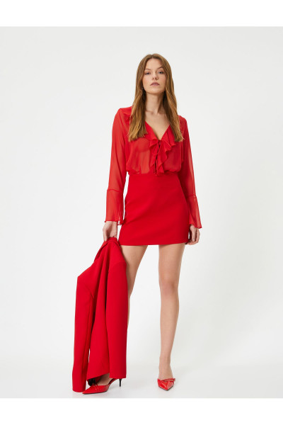 Şifon Gömlek Fırfırlı Bağlamalı Uzun Kollu V Yaka Şifon Gömlek Fırfırlı Bağlamalı Uzun Kollu V Yaka