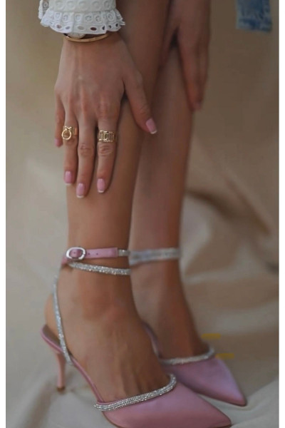 Leola Pudra Saten Taş Detaylı Kadın Topuklu Ayakkabı