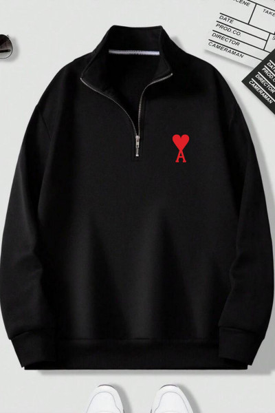 Unisex Siyah Yarım Fermuarlı Ami  Baskılı Oversize Sweatshirt Hoodie Unisex Siyah Yarım Fermuarlı Ami  Baskılı Oversize Sweatshirt Hoodie