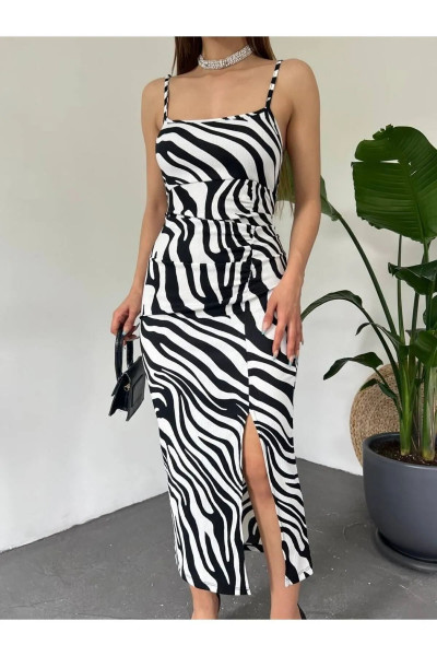Zebra Desenli Askılı Derin Yırtmaçlı Bürümcük Yazlık Elbise Zebra Desenli Askılı Derin Yırtmaçlı Bürümcük Yazlık Elbise