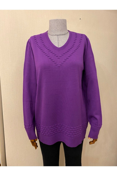 V Yaka Triko Desenli Anne Bluz Kazak / Mor V Yaka Triko Desenli Anne Bluz Kazak / Mor