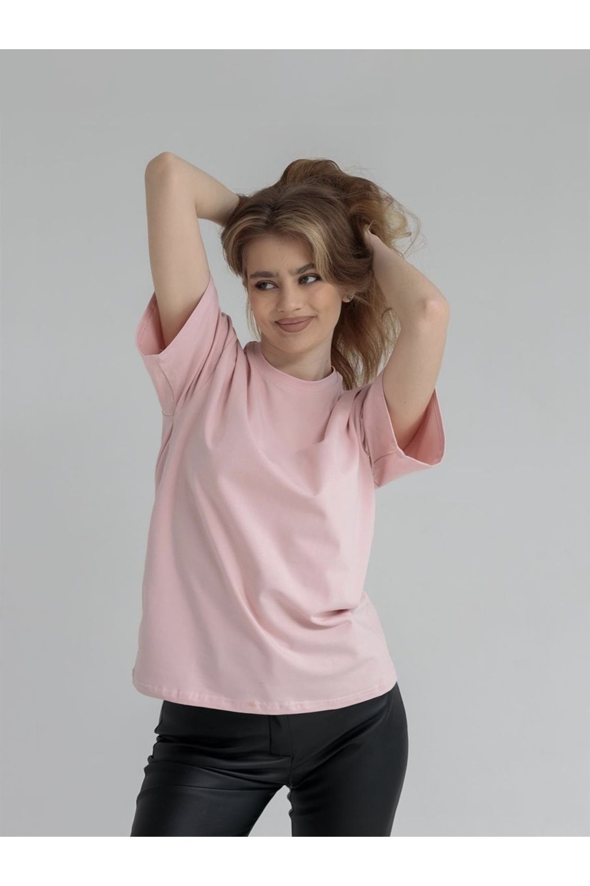 Unisex Pembe Bisiklet Yaka Pamuk Oversize Boyfriend T-shirt