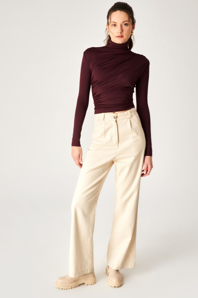 Koyu Bordo Poliamid Dik Yaka Drapeli Bluz