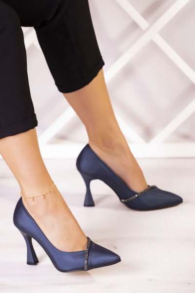Roland Lacivert Saten Taşlı Kadeh Topuklu Stiletto 9 Cm.