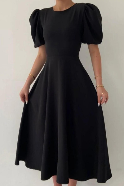 Kadın Sırt Fermuarlı Karpuz Kollu Midi Boy Krep Elbise Kadın Sırt Fermuarlı Karpuz Kollu Midi Boy Krep Elbise