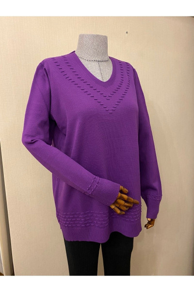 V Yaka Triko Desenli Anne Bluz Kazak / Mor V Yaka Triko Desenli Anne Bluz Kazak / Mor