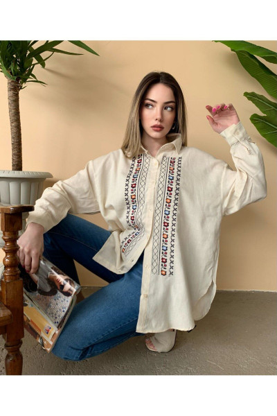 OWERSİZE NAKIŞLI KETEN GÖMLEK