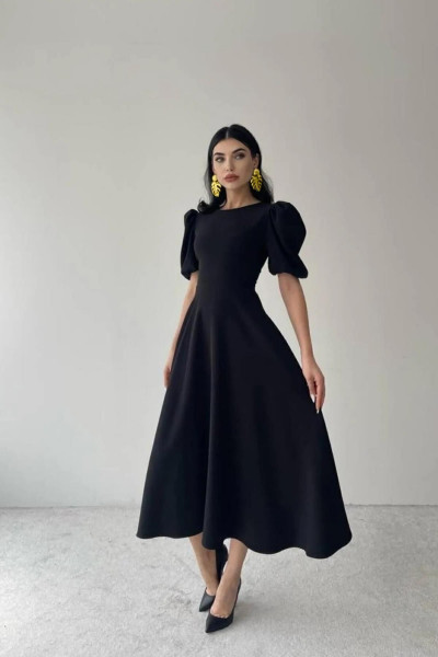 Kadın Sırt Fermuarlı Karpuz Kollu Midi Boy Krep Elbise Kadın Sırt Fermuarlı Karpuz Kollu Midi Boy Krep Elbise