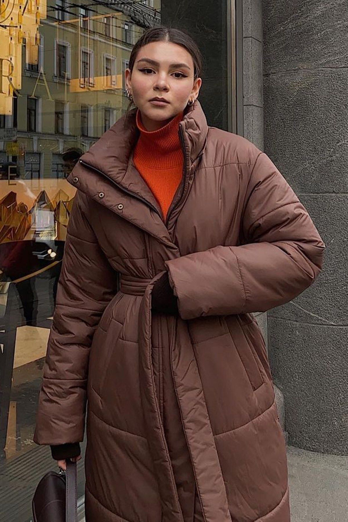 Kahverengi Uzun Şişme Kadın Mont MG1397 Kahverengi Uzun Şişme Kadın Mont MG1397