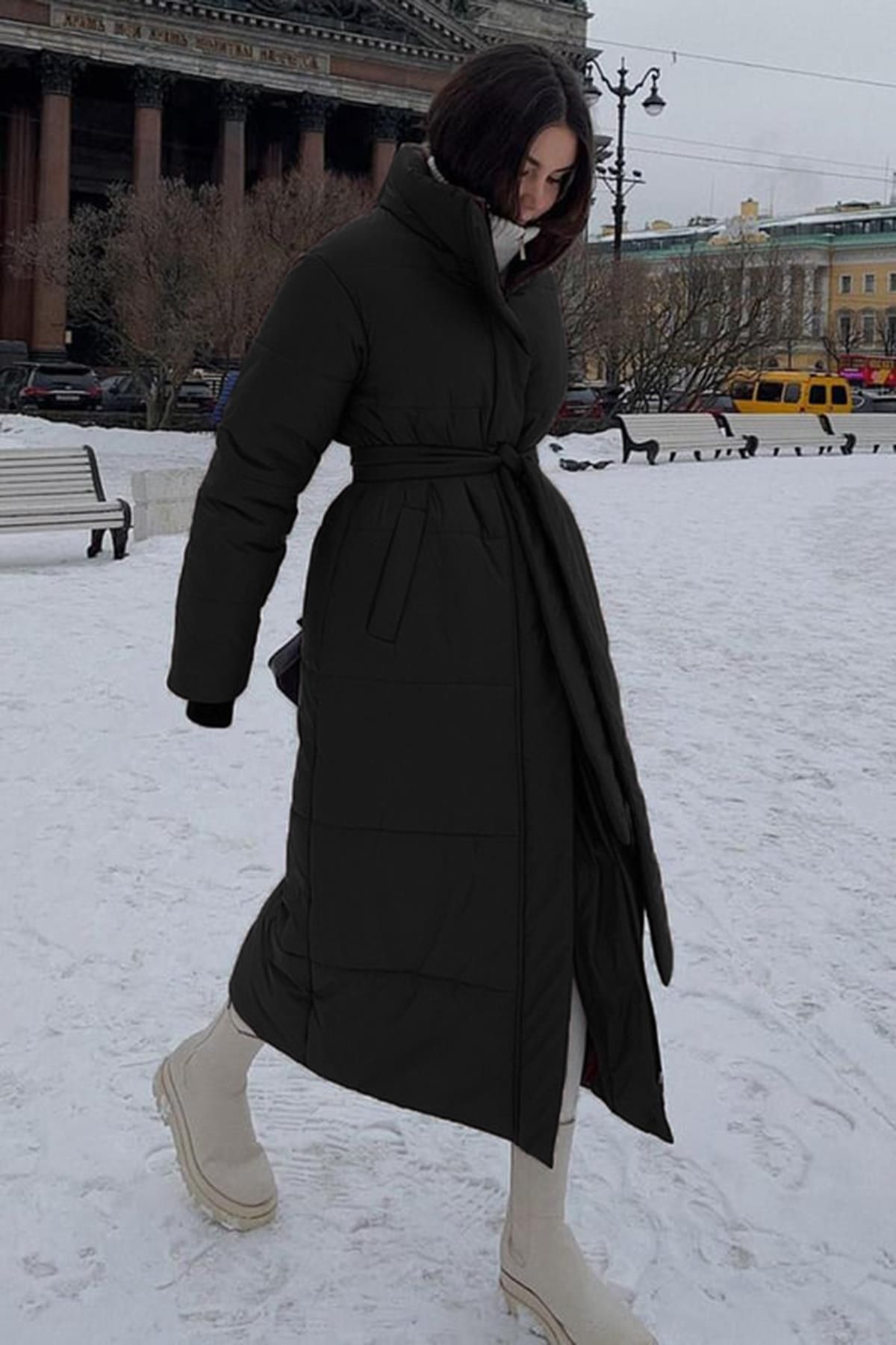Siyah Uzun Şişme Kadın Mont MG1397