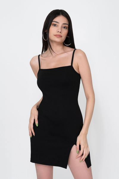 Kadın Siyah Yırtmaçlı Ayarlanabilir Askılı Mini Elbise Kadın Siyah Yırtmaçlı Ayarlanabilir Askılı Mini Elbise