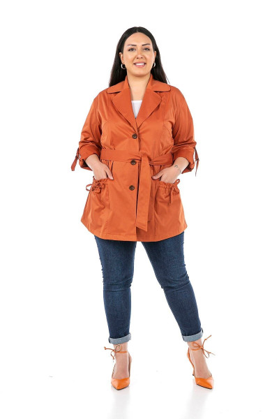 Mono Yaka Katlamalı Kollu Cepleri Büzgü Detaylı Kiremit Rengi Trençkot Mono Yaka Katlamalı Kollu Cepleri Büzgü Detaylı Kiremit Rengi Trençkot