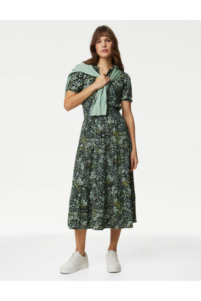 V Yaka Desenli Midi Elbise