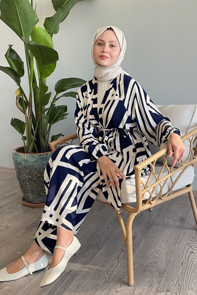 Şeritli İkili Lacivert Viskon Takım